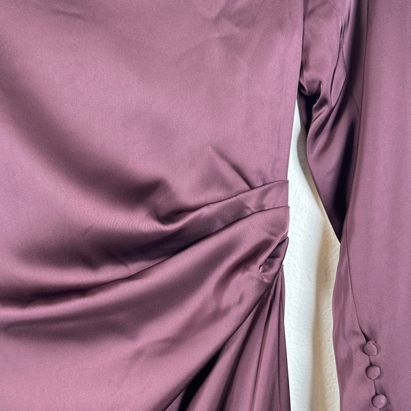 Meshki Avery Plum One Shoulder Maxi Dress S Long Sleeve Ruched Evening Gown - Picture 11 of 14